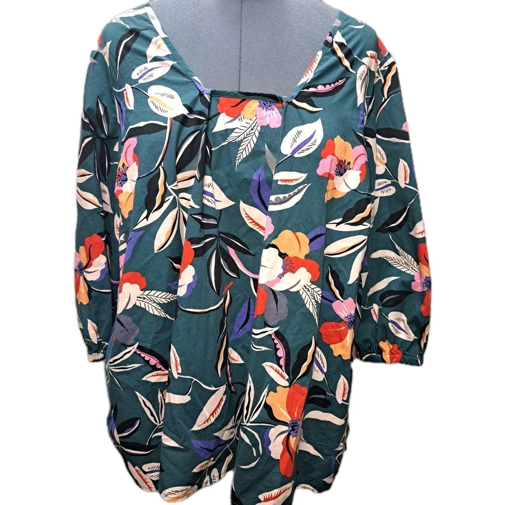 Tropical Bohemian Eloquii Green Floral 3/4 Sleeve Square Neck Cotton Top Sz 22 - Picture 2 of 5